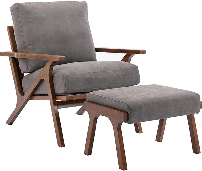 chairus Mid-Century Modern Accent Chair with Ottoman, Linen Fabric Armchair with Wood Legs Comfy Upholstered Single Sofa Chair for Living Room/Bedroom/Lounge, Grey