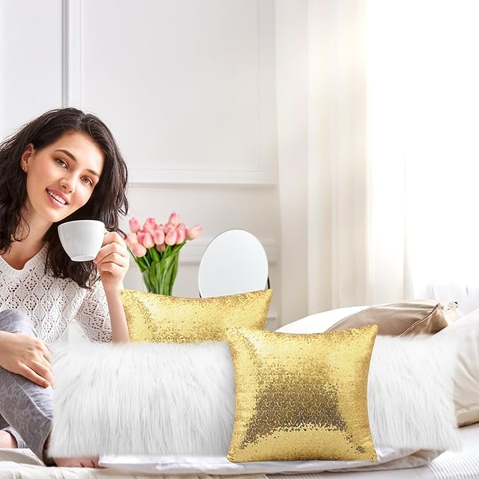 Irenare 4 Pcs Sequin and Fluffy Pillow Covers Winter Throw Pillow Cases Soft Cushion Cover for Couch Bed Sofa Xmas Day(18 x 18 Inch, 12 x 20 Inch,White, Gold)