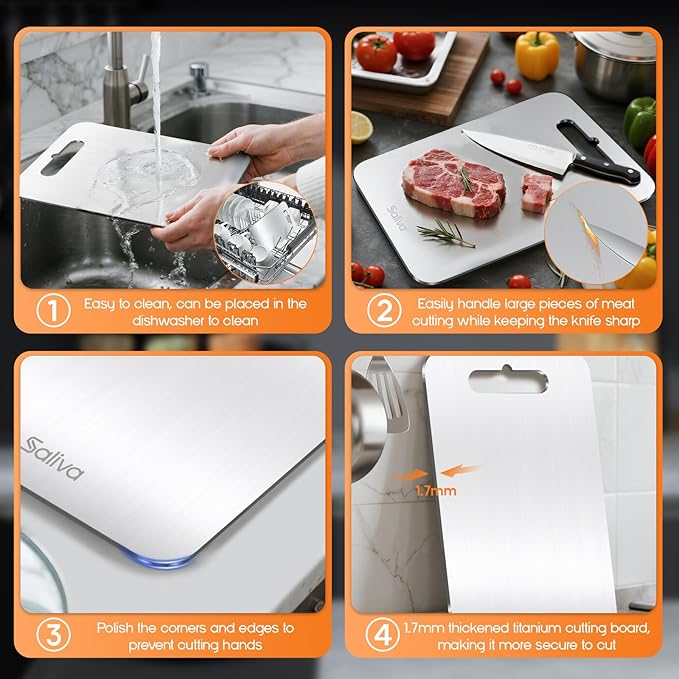 Saliva Titanium Cutting Boards for Kitchen, Cutting Board Double Sided Food Grade, Dishwasher Safe, No Blunt Knife, Chopping Boards with Handle for Meat, Fruit & Vegetable (12x9in)