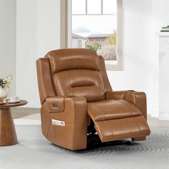 Watson & Whitely Genuine Leather Power Recliner Chairs for Adults, Lay Flat Recliner with Power Headrest, USB Ports and Cup Holders, Electric Reclining Sofa for Living Room, Bedroom, Saddle Brown