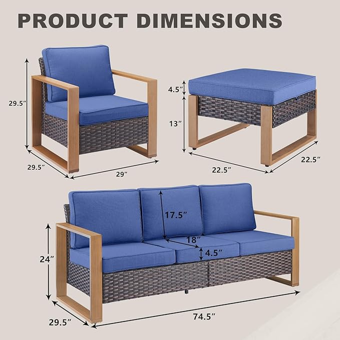 Outdoor Wicker Patio Furniture Set - 5 Piece Patio Conversation Set with 2 Wicker Armrest Chairs,2 Rattan Ottoman and 1 Couch,Sturdy Frame,Thick Cushions,Deep Seating(Brown/Blue)