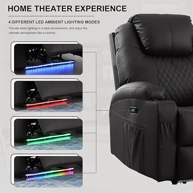 Power Recliner Chair with Heat and Massage, PU Leather Home Theater Seating with LED Lights/Cup Holders/Side Pocket/USB Port, Reclining Sofa Chair for Living Room (2, Black)