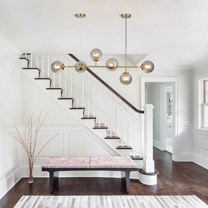 KCO Lighting 6-Light Modern Globe Sputnik Chandelier Brass Gold Linear Pendant Chandelier Lighting Smoke Glass Dining Room Chandelier Mid Century Sputnik Island Lights for Kitchen Living Room