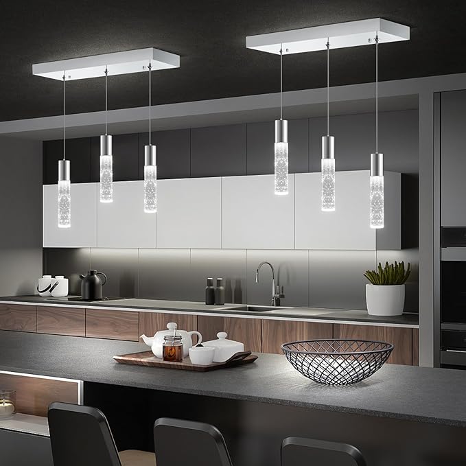 OKELI 3-Light Dimmable LED Pendant Lighting for Kitchen Island, 18W 1350LM Modern Crystal Bubble Island Light Fixture, 6000K Cool White, Adjustable Electro-Chrome Fixture, Easy Install, Square