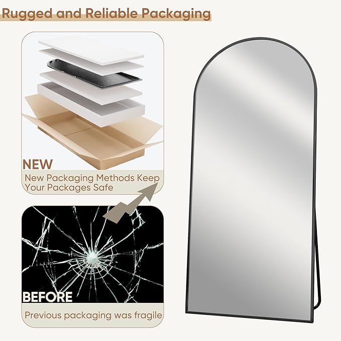 68"x26" Full Length Mirror, Arched Full Body Mirror, Standing Hanging or Leaning Floor Mirror for Bedroom and Living Room, Black