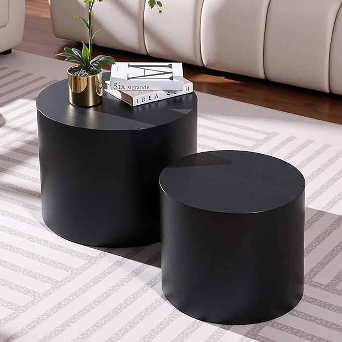 Nesting Coffee Table Set of 2, Modern Round Coffee Table with Non-Slip Feet, Wooden Circle Accent Tables for Small Spaces Living Room Bedroom Balcony Office Drum Side Table (Black)