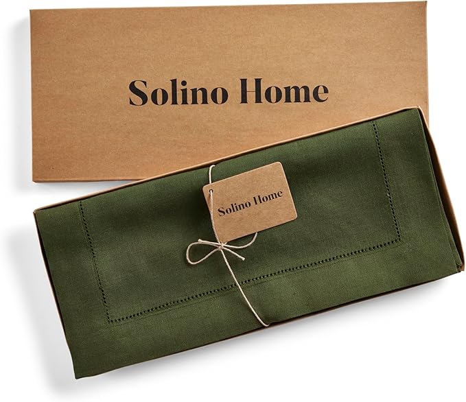 Solino Home Linen Olive Table Runner 108 Inches Long - 100% Pure Linen 14 x 108 Inch Table Runner for Fall, Autumn, Thanksgiving - Classic Hemstitch