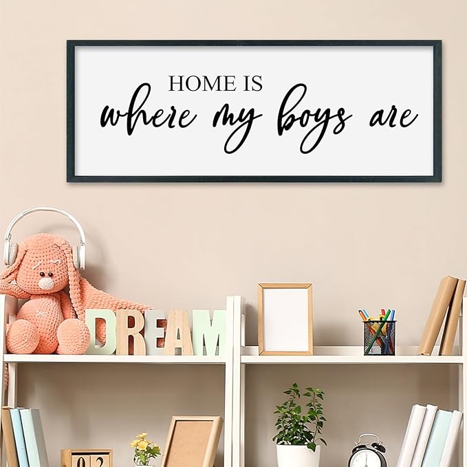 SRSZHIYUE Home Is Where My Boys Are Sign 32"×12" New Mothers Day Gifts ideas Wall Art for kids Playroom Mom Quote Bedroom Large Wood Framed Wall Hanging Decor (Black)