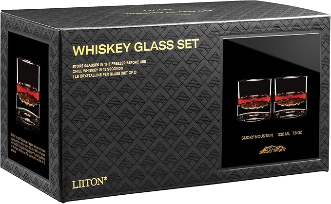 Smoky Mountain Heavy Crystal Whiskey Glasses Gift Set of 2, Thick Freezable Bourbon Glass 1lb Each, Premium Whiskey Gifts for Men, Frozen Crystal Chills Cocktails, 10 oz