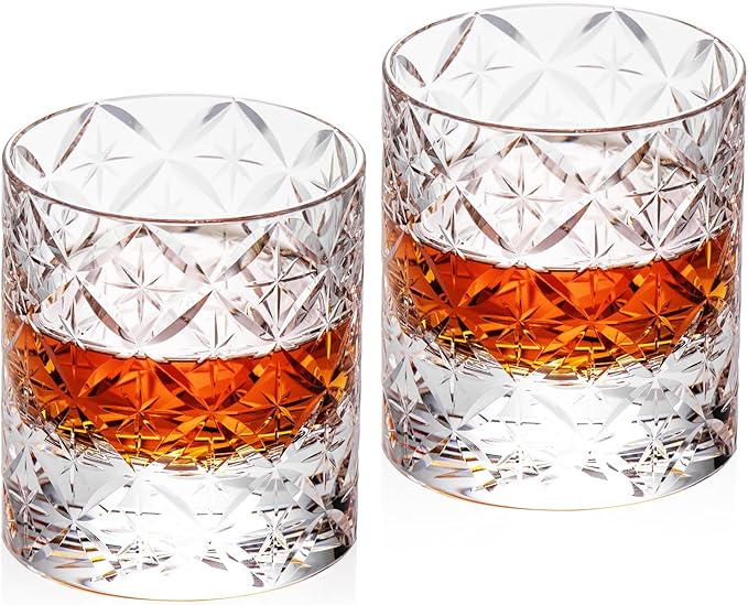 KAMMAK Crystal Whiskey Glasses Set of 2, Hand Blown 7.78oz Old Fashioned Glasses Stemless, Luxury Handcrafted Cocktail Glasses, Scotch Cup for Women, Men Gift for Rocks, Bourbon Barware, Bar