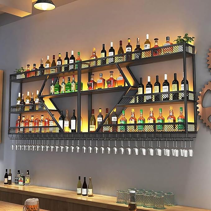Wall Mounted Wine Rack with Glass Holder, 3-Tier Metal Storage Shelf, Black Diamond Design, Wine Bottle Display with Stemware Storage (Black, 39.37in/Left)