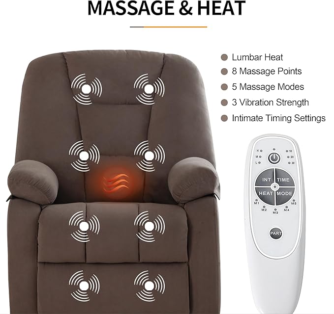 Power Swivel Rocker Recliner Chair for Adults,Rocking Recliners Chairs with Massage and Heat for Living Room, Electric Fabric Reclining Sofa Chair with USB and Type-C Port (Fabric Brown)