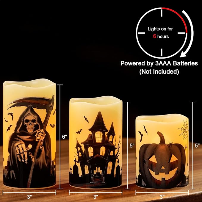 Wondise Halloween Flameless Flickering Candles with 6 Hour Timer, Battery Operated Real Wax Halloween Candles Set of 3 Halloween Decoration Grim Reaper, Haunted House, Pumpkin (3 x 4 5 6 Inch)
