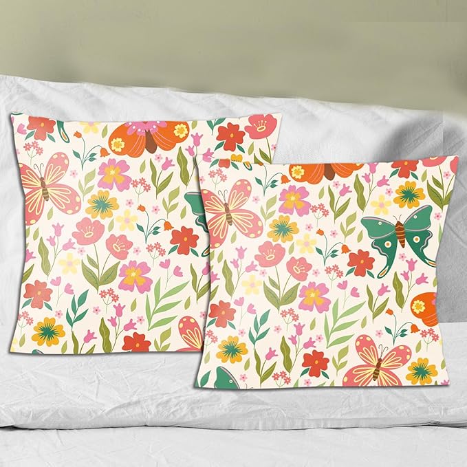 2 Pack Cute Wildflowers Butterfly Decor Throw Pillow Covers, 18x18 Pillow Cover, Decorative Couch Pillow Covers Flower Decor Pillowcase for Sofa Cushion Sofa Home Bedroom Office Car Seat Living Room