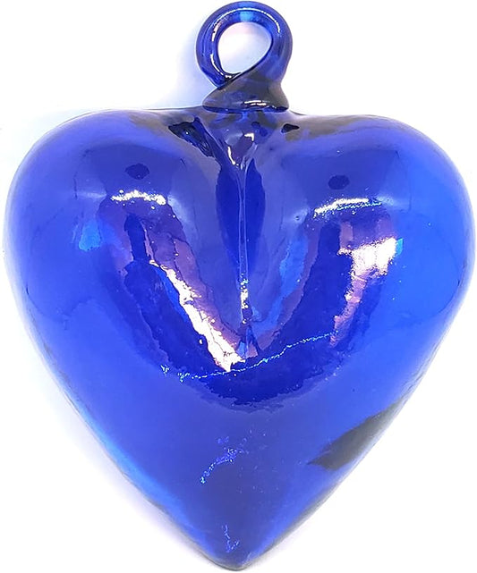 Cobalt Blue 5.1 inch Large Hanging Glass Hearts (Set of 6), Recycled Blown Glass Ornaments (LGE Cobalt Blue Hearts)