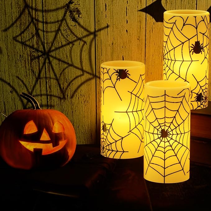 Wondise Halloween Flickering Flameless Candles with Spider Decals, Battery Operated Candles with 6hrs Timer, Real Wax Halloween LED Candles for Horror Spooky Halloween Home Decoration(Set of 3, 3"x6")