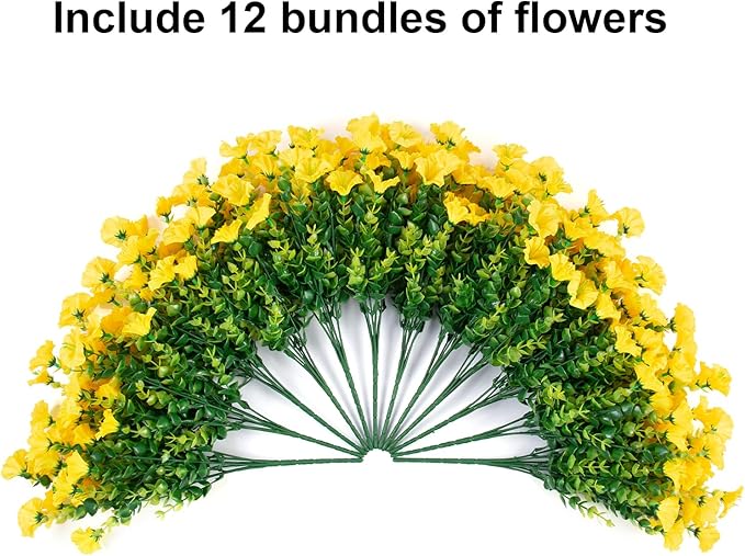 Artificial Mums for Outdoors Fake Fall Flowers Plants for Autumn Decoration, 12 Bundles Silk Morning Glory with Eucalyptus Look Real UV Resistant Yellow Faux Mums for Outside Planters Front Door Yard