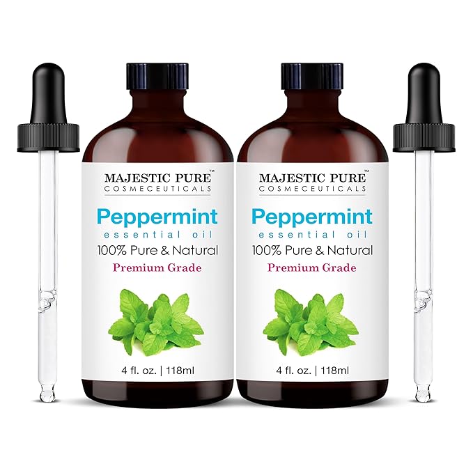 Majestic Pure Peppermint Essential Oil with Glass Dropper - 4 Fl Oz Pack of 2-100% Pure and Natural Peppermint Oil - Premium Grade Essential Oils for Diffuser, Aromatherapy, Soap and Candle Making