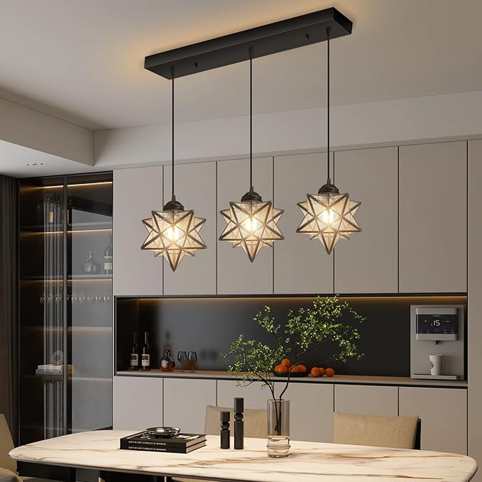 Farmhouse Modern Glam Chandelier Dining Room Clear Glass Star Pendants Light Fixture Kitchen Island LED Ceiling Hanging Lights Included Warm Light Bulbs Black