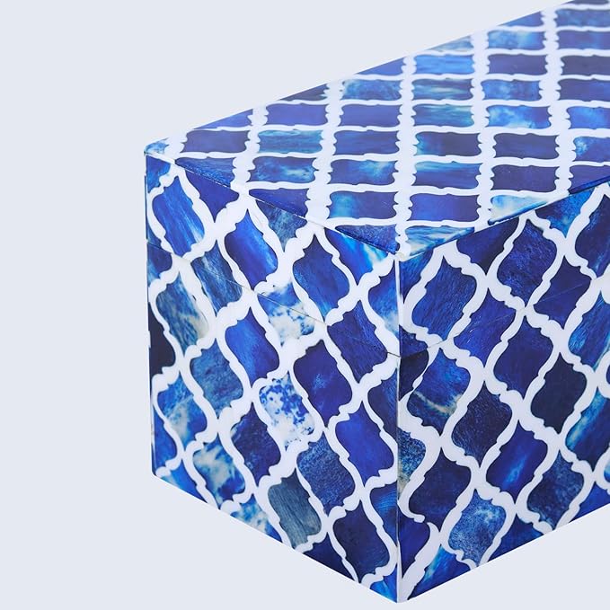 Handicrafts Home Handmade Moroccan Pattern Inspired Decorative Box - Large Storage Organizer for Neck Chains, Watches, Memory Keepsakes - Boho Style Treasure Box, Multipurpose Gift - Blue, 10x5x5
