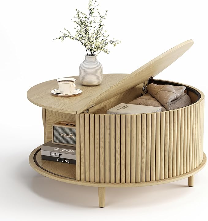 Round Coffee Table with Storage,Mid Century Modern Dining Table with Sliding Cabinet Door for Living Room,Home Small Space,31.5" Small Center Table,Oak