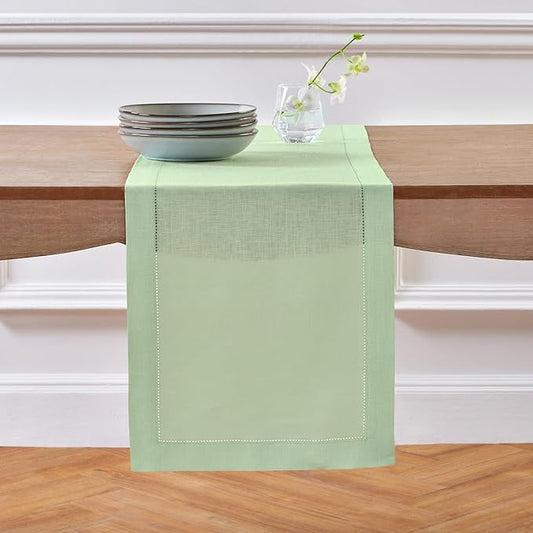 Solino Home Linen Table Runner 120 Inches Long - 100% Pure Linen Light Green Table Runner 14 x 120 Inch - Classic Hemstitch