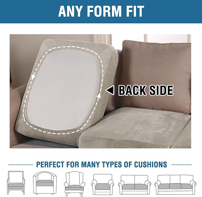 H.VERSAILTEX Velvet Stretch Couch Cushion Cover Plush Cushion Slipcover for Chair Loveseat Sofa Cushion Furniture Protector Seat Cushion Sofa Cover (2 Piece Large Sofa Cushion Covers, Oatmeal)