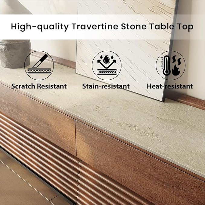 POVISON Fully-Assembled Mid Century Matte Sintered Stone TV Stand, 70.87" Wood Media Console with Adjustable LED Light, Entertainment Center with Storage for Living Room