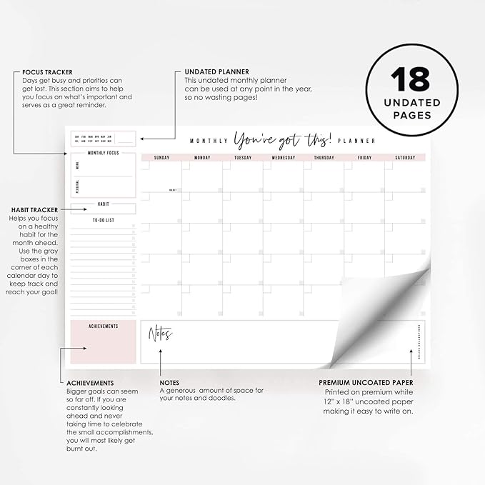 Bliss Collections Monthly Planning Pad, To Do List Notebook - Undated Tear-Off Sheets Notepad - Work Calendar, Organizer, Scheduler for Goals, Tasks - You've Got This (Pink), 12" x 18", 18 Sheets