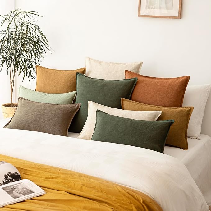 Foindtower Pack of 2, Decorative Linen Solid Throw Pillow Covers Soft Accent Cushion Case Farmhouse Neutral Pillowcase for Chair Couch Sofa Bedroom Living Room Home Decor 22 x 22 Inch Dark Olive Green