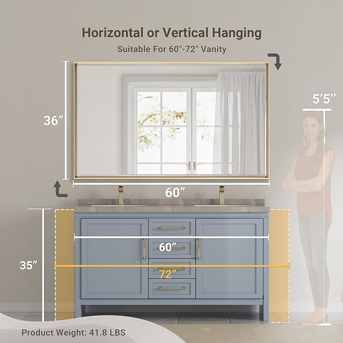 60 x 36 Gold Bathroom Mirror, Brushed Gold Beveled Bathroom Mirror, Shatterproof Large Gold Frame Rectangle Mirror, Brushed Brass Gold Framed Vanity Mirror Vertical/Horizontal Wall-Mounted