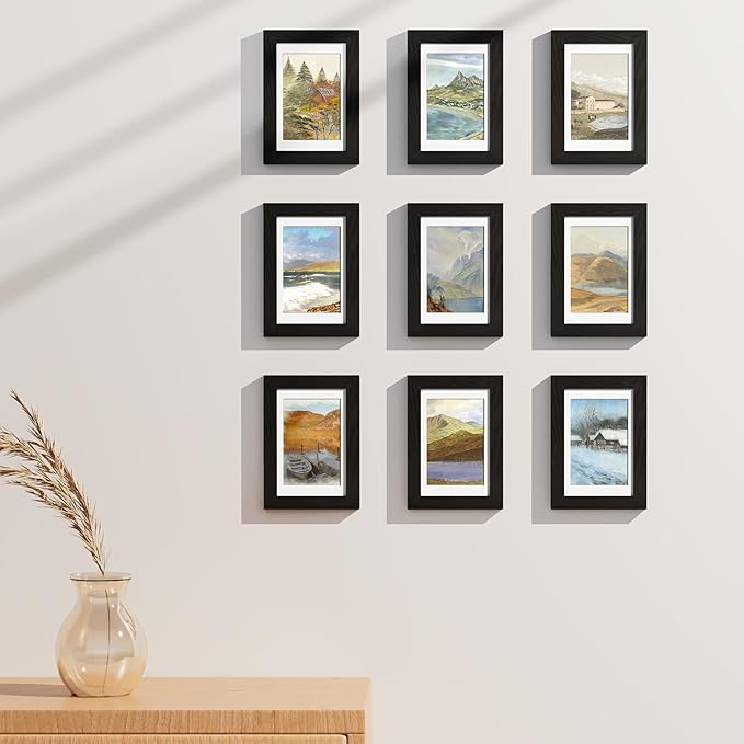 Vittanly 4x6 Picture Frames Set of 9, Shatter Resistant Plexiglass, Display 3.5x5 Pictures with Mat or 4x6 without Mat, Photo Frames for Wall or Tabletop, Engineered Wood, Black