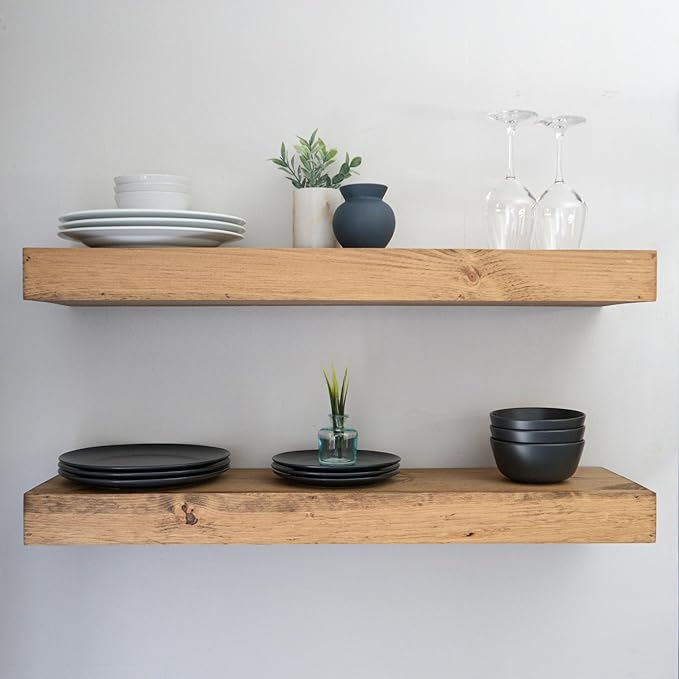 Modern Floating Shelves 3 Inches Thick for Wall, Wide Shelves for Kitchen, Living Room, Bedroom, and Bathroom, Natural Pine Wood, Rustic Wooden Shelf, (Set of 2) (Aged Oak, 36Lx3Hx6D)
