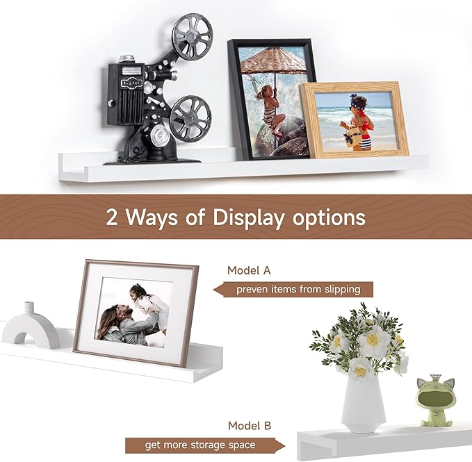 Fun Memories Picture Ledge Shelf, 24 Inch Floating Shelves Set of 2, Nursery Book Shelves for Toys Storage, Kids Bookshelf Wall Mounted for Wall Decor Books Photo Frames, White