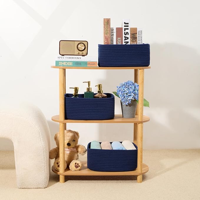 Small Storage Baskets for Organizing | Closet Organizer Bins | Shelf Toy Basket | Woven Rope Baskets | Cube Decorative Box | Shallow Basket | 13x8.5x5.1” | 3 Packs Navy Blue