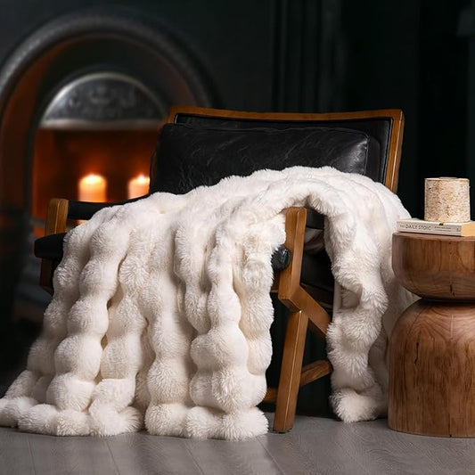 EVERGRACE Ultra Soft Luxury Fluffy Ridgeline Faux Rabbit Fur Throw Blanket, Thick Warm Bubble Throw for Bed, Cozy Plush Reversible Blankets for Couch, Chair, Sofa, Ivory White, 80x90 Inches, 870 GSM