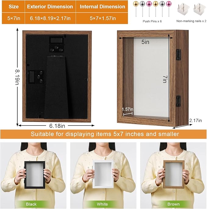 5x7 Deep Shadow Box Picture Frame Display Case with Linen Back and Stand,Real Glass Small Mini Brown Shadow Memory Box Frame 5x5 for Insect Display Pet Photo Memorial Flower Art Craft Gift