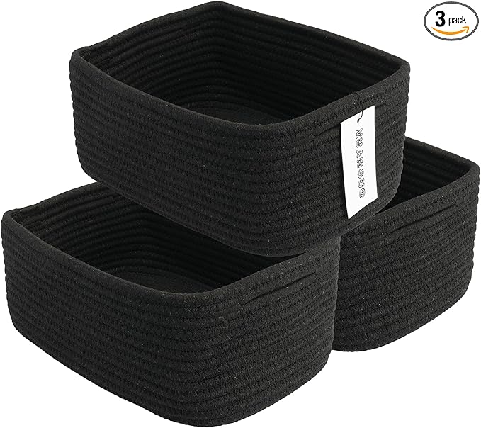 Small Woven Storage Baskets 12“X8”X5“ Decorative Rope Bins for Organizing Shelves, Closets, and Toys, Empty Gift Baskets, Cute Organizer Basket for Home and Office (black, regular)