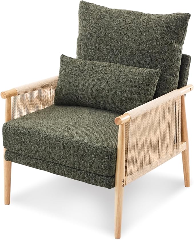 VINGLI Boho Braid Accent Armchair,Mid-Century Modern Chiar with Solid Wooden Armrest,Comfy Louge Cushion Chair with Waist Pillow for Bedroom,Living Room,Reading Room, Dark Green