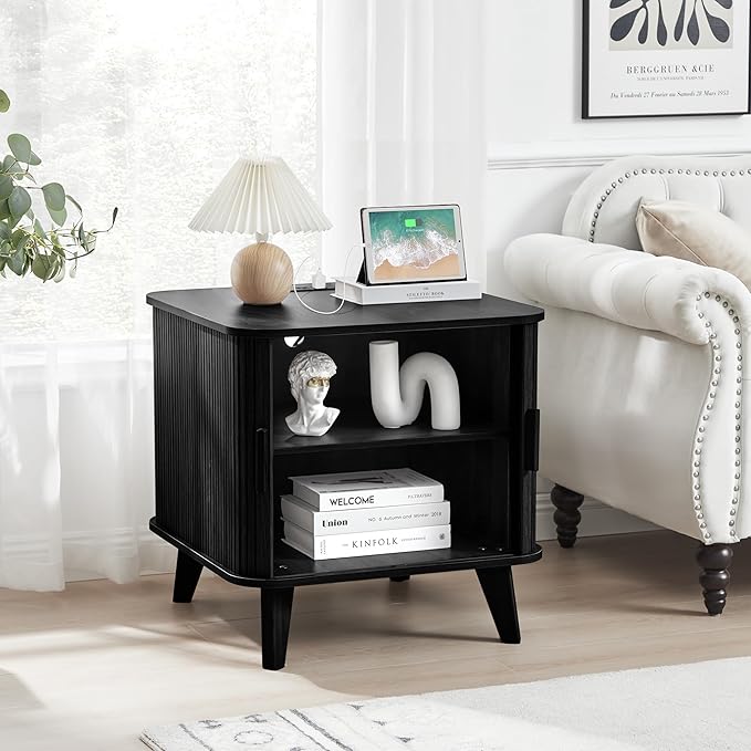 Farmhouse Square End Table with Charging Station, 24" Large Fluted Sofa Side Table with Sliding Tambour Door and Storage, Rustic Curved Wood Nightstand for Living Room, Bedroom, Black