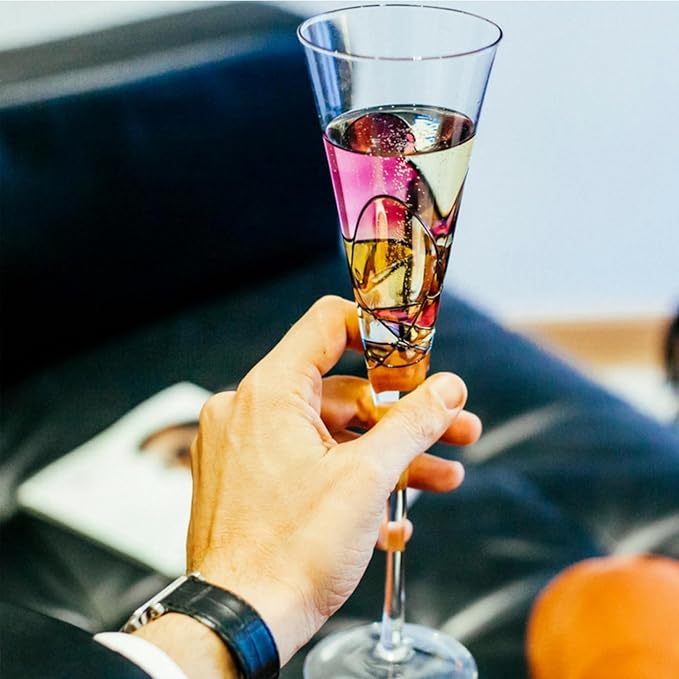 Victoria Barcelona Champagne Flute - 7.5 Oz Mouth-Blown Hand Painted, Antoni Gaudi & Murano Inspired Artistic Unique Gift Ideas Anniversary, Birthday, Weddings, Women & Men (2, Sagrada Red)