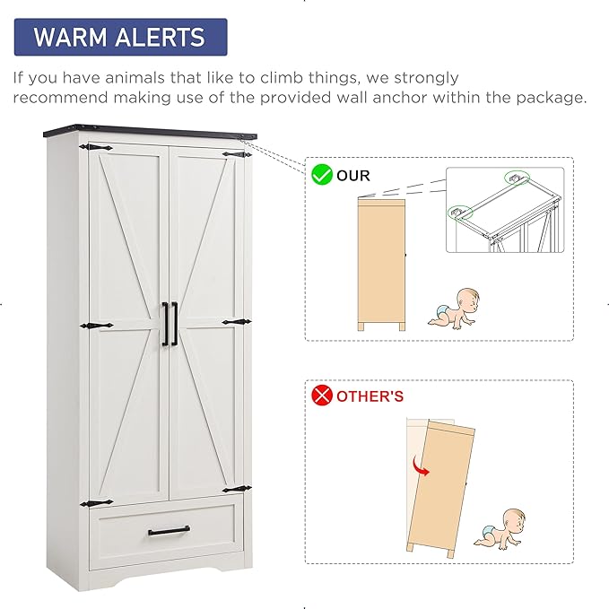 JXQTLINGMU Farmhouse Kitchen Pantry Cabinet - 72" Tall Wood Kitchen Storage Cabinets with Adjustable Shelves & 2 Barn Style Doors & Drawer, Versatile Storage for Dining Room, Bathroom, Antique White