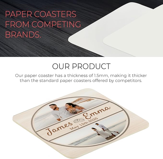 60 Pack Personalized Wedding Coasters, Custom Cardboard Coasters for Drinks with Photo Print and Text, Keepsake Wedding Favors and Gifts for Couples, 4x4 Square, Design 5