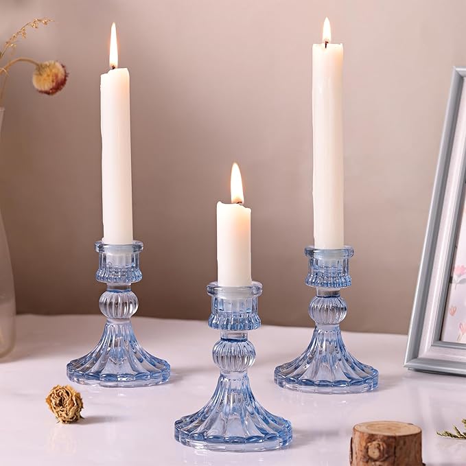 12PCS Blue Candlestick Holders Set- 4" H Taper Candle Holders, Glass Candle Holders Bulk for Wedding, Party, Home Table Centerpieces, Festival Gifts & Windowsill Decor