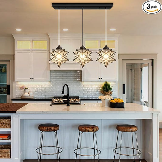 Farmhouse Modern Glam Chandelier Dining Room Clear Glass Star Pendants Light Fixture Kitchen Island LED Ceiling Hanging Lights Included Warm Light Bulbs Black