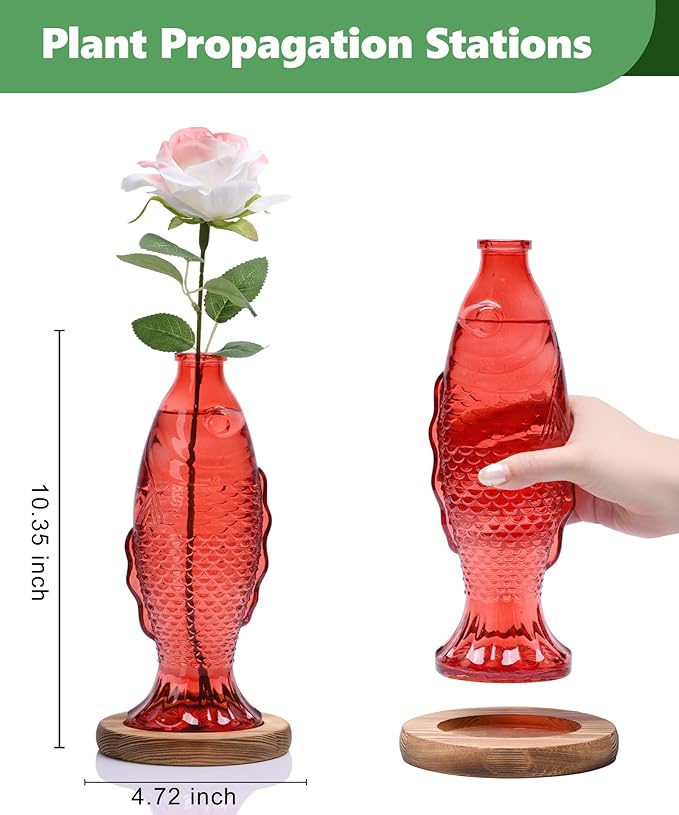 Nacome Fish Vase Glass Plant Terrarium with Wooden Stand,Planter Propagation Station for Home Office Hydroponics Desk Decoration,Unique Gardening Gifts for Plant Lovers Women Mom(Red)