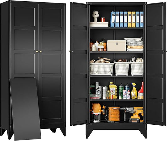 Metal Storage Cabinets with 2 Doors and 5 Shelves,Tall Storage Cabinet,Large Cupboard Closet,Pantry Storage Cabinet for Home,Office,Bathroom,Dining/Living Room (Black, 72" H)
