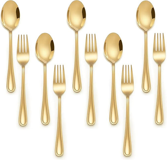 E-far 10-Piece Gold Toddler Utensils, Kid Stainless Steel Silverware Set, Children Safe Forks and Spoons Set for Self Feeding, Healthy & Non-Toxic, Mirror Polished & Easy to Clean