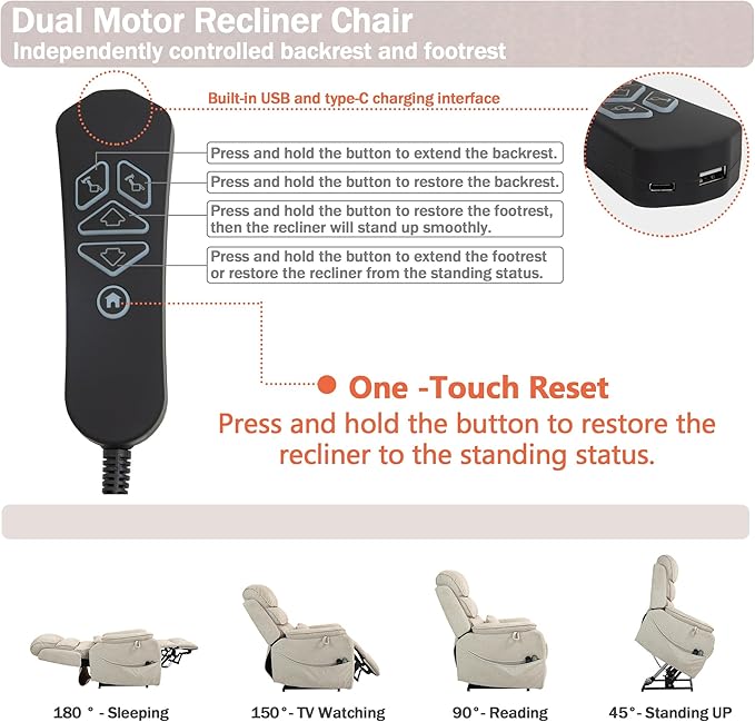 Power Lift Recliner Chair for Adults Elderly Lay Flat Velvet Recliners with Massage Heating, Extended Footrest, Wireless Charging Device, USB Ports, Cup Holder, Lumbar Pillow