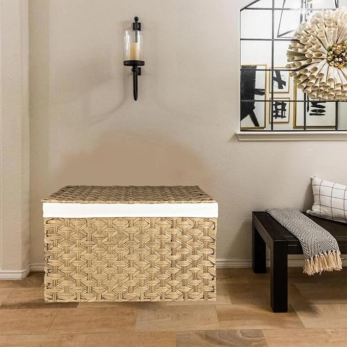 Wicker Storage Basket with Lid, 42.3 Gallon (160L) Large Blanket Basket with Lid, Woven Storage Bin with Handles, Removable Liner, Metal Frame, Foldable, for Bedroom, Laundry Room, Natural